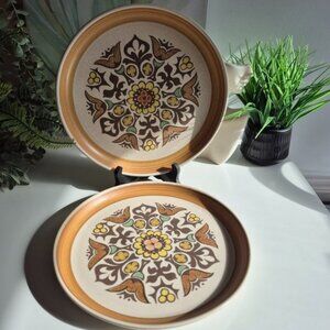 Vintage Denby Langley Canterbury Floral 60s Stoneware Dinner Plates 10" Set of 2